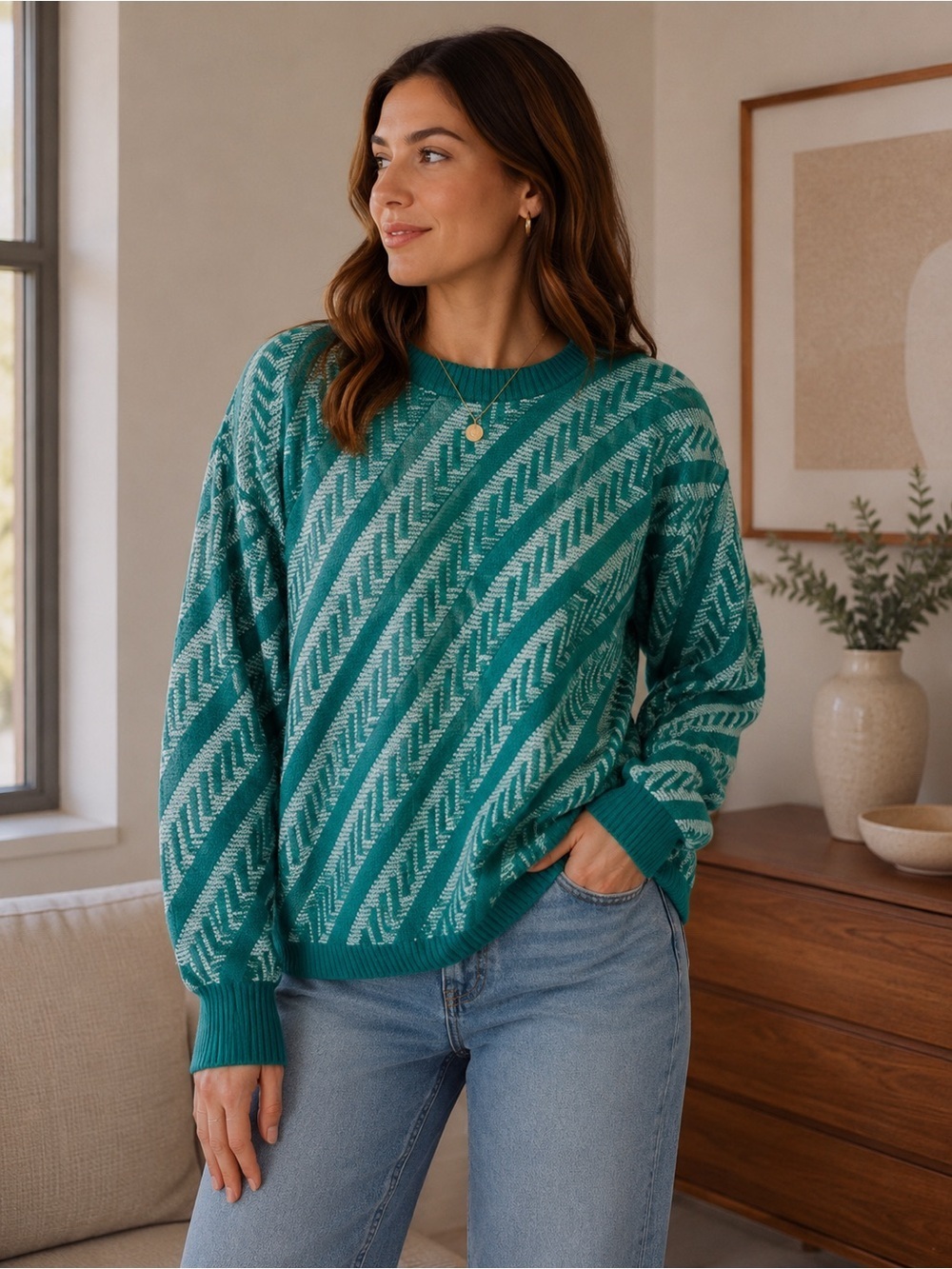 Vintage Cicely Textured Green and White Striped Sweater Size Size L Retro
